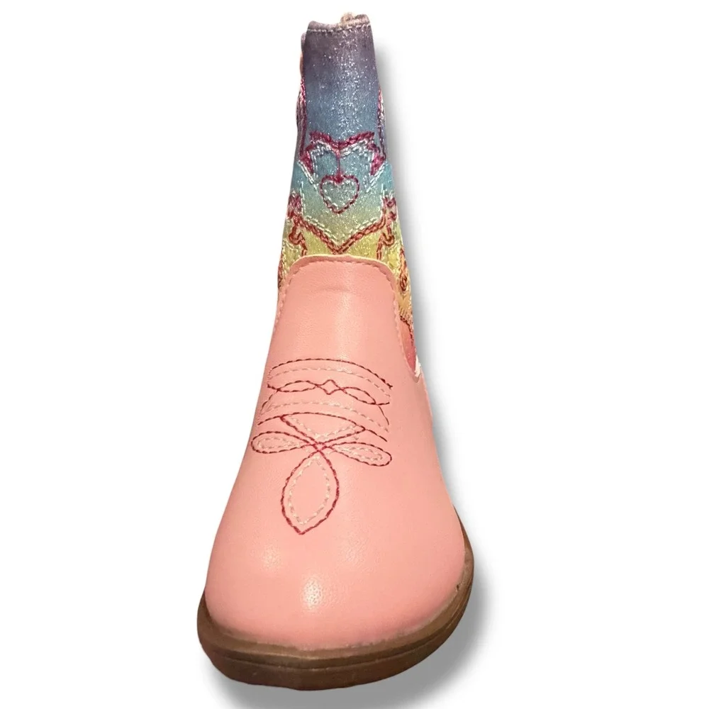 NIB Kids Pink Rainbow Glitter Cowboy Boots Side Zip Western Toddler Sz 7.5